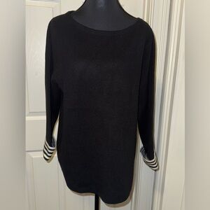 Tahari Black and White Crew Neck Sweater with Striped Cuffs